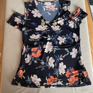 Women's Carmen off shoulder Floral Blouse Top Navy Multicolor V neck Shirt Top M